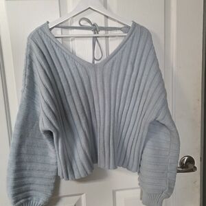 Light Blue V-Neck Ribbed Tie Back Sweater